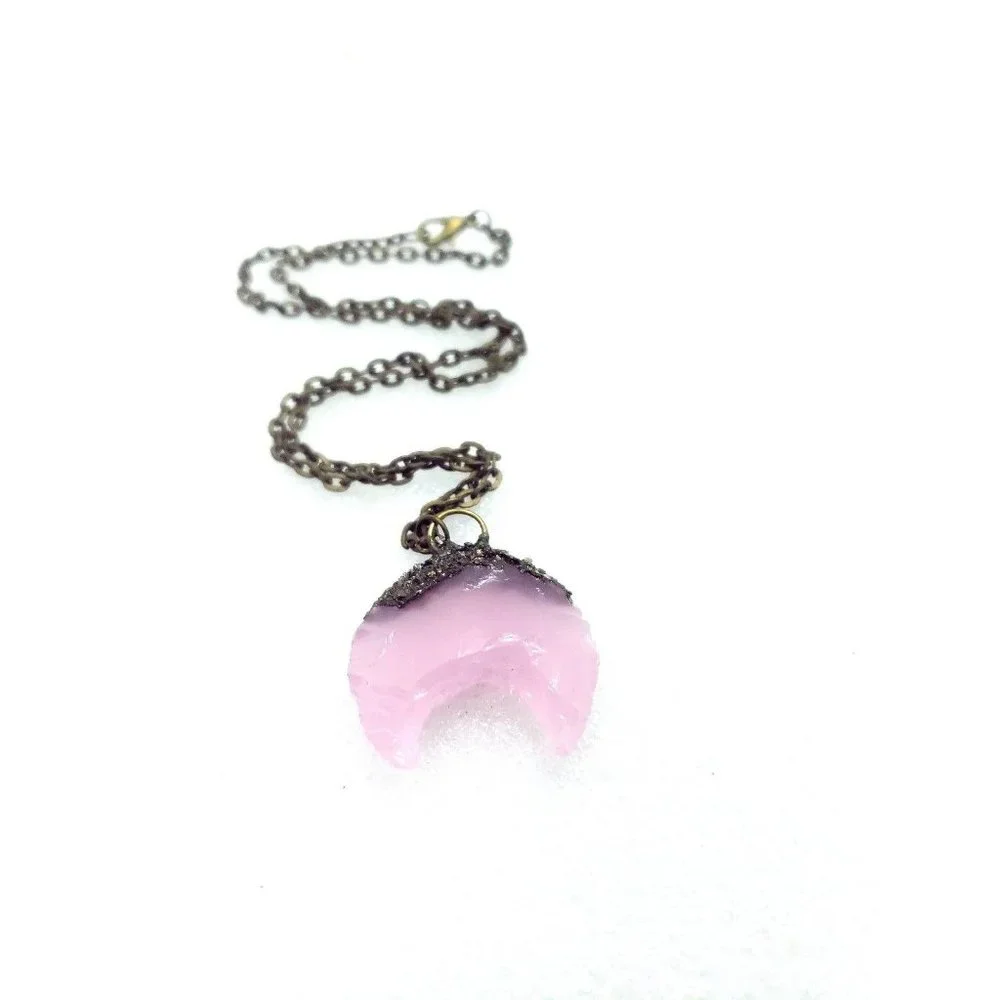 Pink moon and pyrite crystal Necklace - Picture 5 of 11